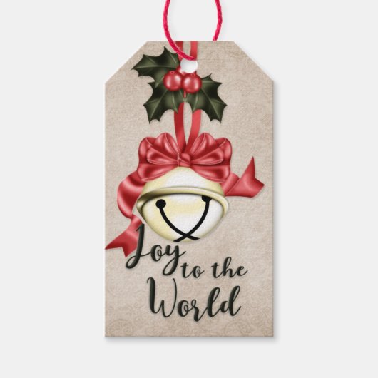 世界への喜び | Golden Bell with Red Bow ギフトタグ (正面)