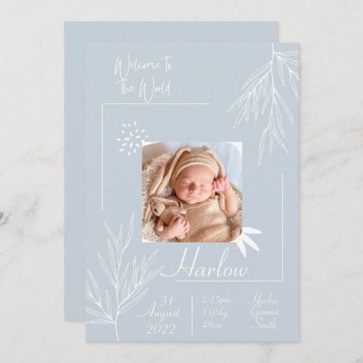 世界へようこそ 誕生お知らせカード 青 招待状 (正面/裏面)