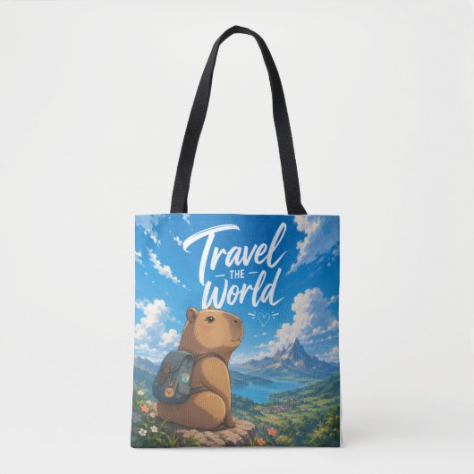 世界を旅するアニメカピバラ冒険デザイン トートバッグ (正面)