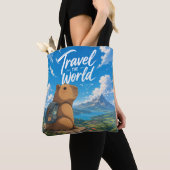 世界を旅するアニメカピバラ冒険デザイン トートバッグ (クローズアップ)