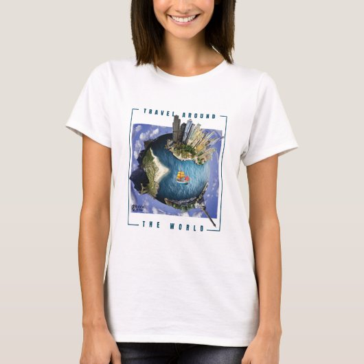 世界を旅する女性の白 Tシャツ (正面)