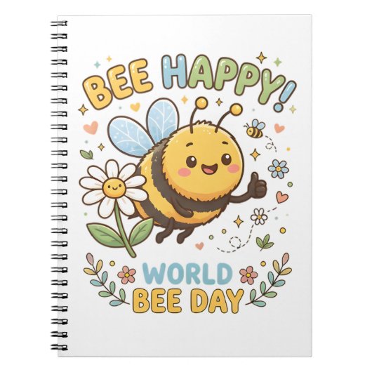 世界ミツバチの日を祝う愛らしい"Bee Happy!"イラスト ノートブック (正面)