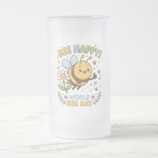 世界ミツバチの日を祝う愛らしい"Bee Happy!"イラスト フロストグラスビールジョッキ