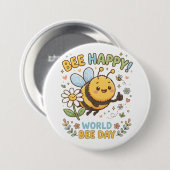 世界ミツバチの日を祝う愛らしい"Bee Happy!"イラスト 缶バッジ (正面&裏面)