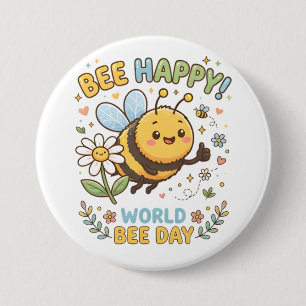 世界ミツバチの日を祝う愛らしい"Bee Happy!"イラスト 缶バッジ