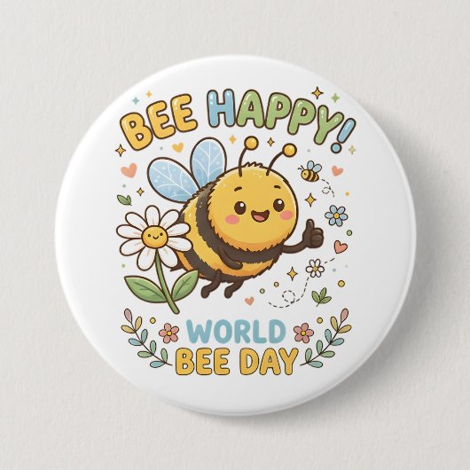 世界ミツバチの日を祝う愛らしい"Bee Happy!"イラスト 缶バッジ (正面)
