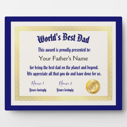 世界モダンおもしろいのパパ証明書 フォトプラーク (正面)