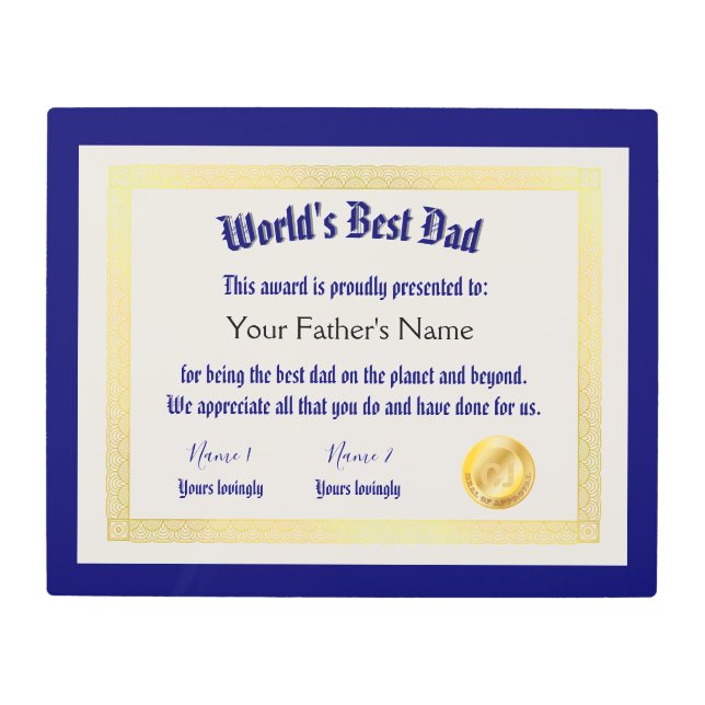 世界モダンおもしろいのパパ証明書 メタルプリント (正面)