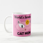 世界一甘いCAT MOM ピンクの猫の顔 コーヒーマグカップ (左)