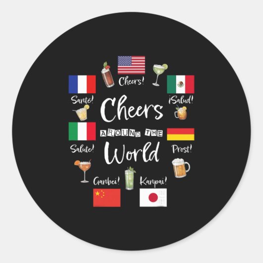 世界中での乾杯 旅行 飲酒 おもしろ グラス ラウンドシール (正面)