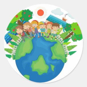 世界中に子どもたちが立っている ラウンドシール