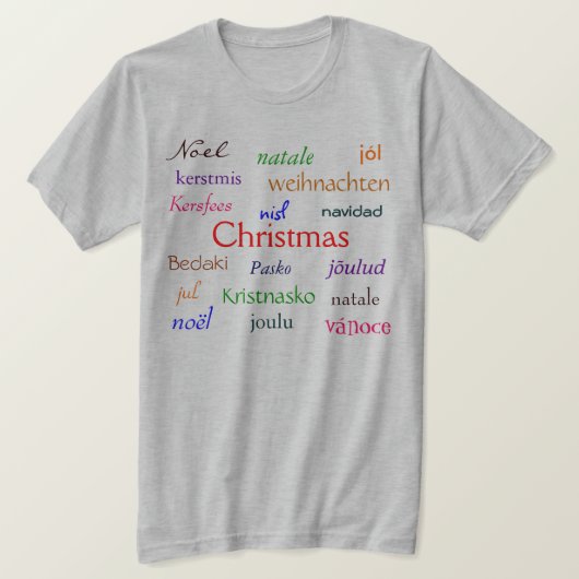 世界中のクリスマスは灰色と色が濃い Tシャツ (デザイン正面)