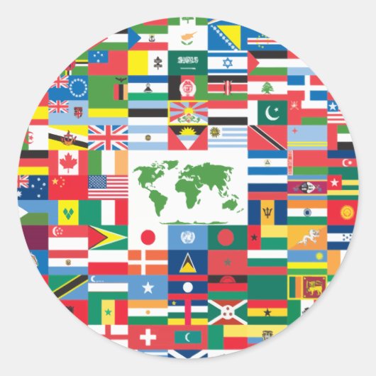 世界中の国旗のコラージュ ラウンドシール (正面)
