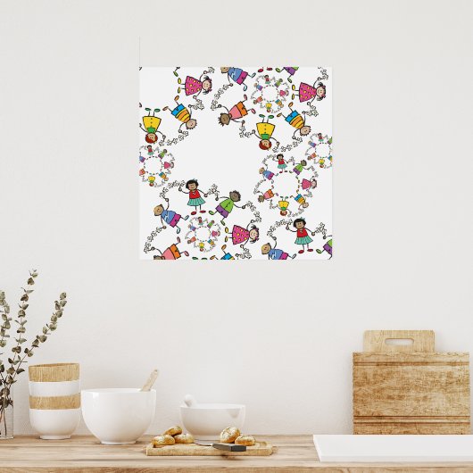 世界中の漫画的なかわいい幸せな子供たちの友達 ポスター (キッチン)