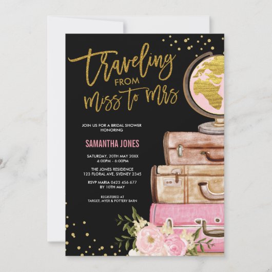 世界中を旅するスーツケースブライダルシャワー 招待状 (正面)