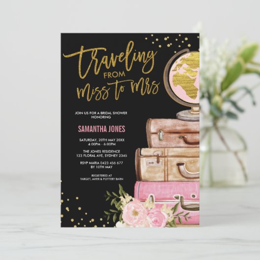 世界中を旅するスーツケースブライダルシャワー 招待状 (スタンド正面)