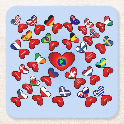 世界中違うの言語に愛 スクエアペーパーコースター (正面)