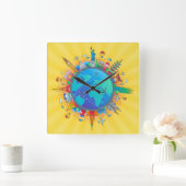 世界中 スクエア壁時計 (ホーム)