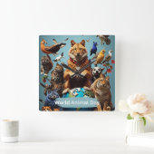 世界動物デー スクエア壁時計 (ホーム)