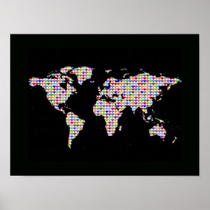 世界地図とカラフルハート ポスター