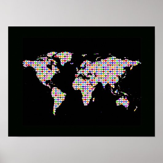 世界地図とカラフルハート ポスター (正面)