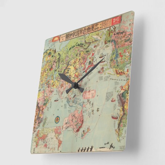 世界地図の一目で-世界の航空路 スクエア壁時計 (傾斜)