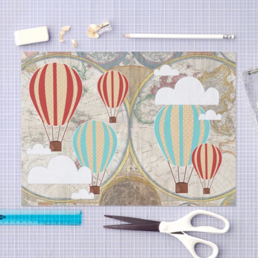 世界地図の世界の探検家の熱気の気球及び雲 薄葉紙 (クラフト)