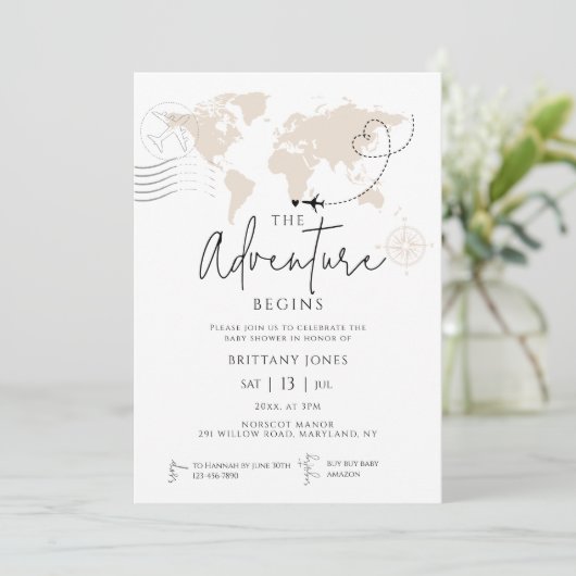 世界地図の旅の冒険がベビーシャワーを始める 招待状 (スタンド正面)