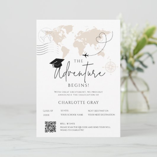 世界地図の旅行の冒険が始まる卒業 案内状 (スタンド正面)