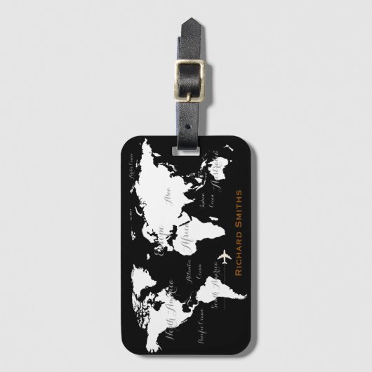 世界地図の旅行を白黒で指定 ラゲッジタグ (正面縦)