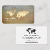 世界地図の旅行代理店の水彩画の金ゴールドの観光事業 名刺 (正面/裏面)