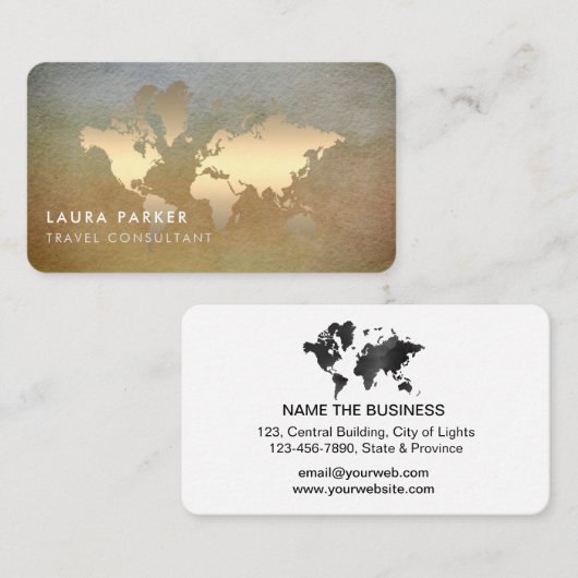 世界地図の旅行代理店の水彩画の金ゴールドの観光事業 名刺 (正面/裏面)