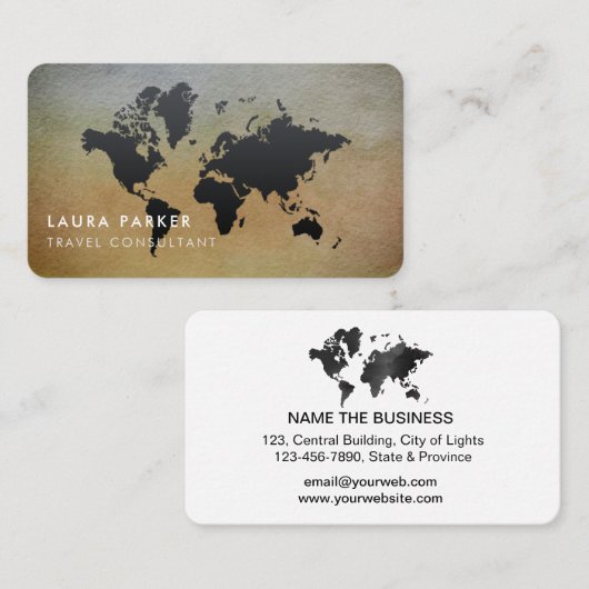世界地図の旅行代理店の水彩画の黒の観光事業 名刺 (正面/裏面)