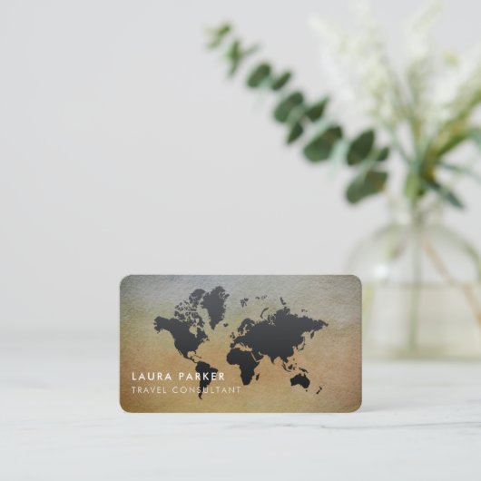 世界地図の旅行代理店の水彩画の黒の観光事業 名刺 (スタンド正面)