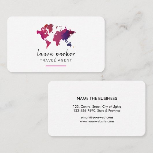 世界地図の水彩画の旅行代理店のきれいなエレガント 名刺 (正面/裏面)