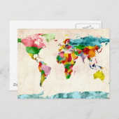 世界地図の水彩画 ポストカード (正面/裏面)