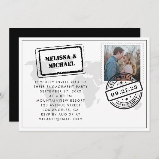 世界地図の目的地 ウェディングエンゲージパーティー 招待状 (正面/裏面)