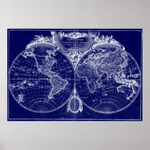 世界地図の(1775年の)青及び白 ポスター