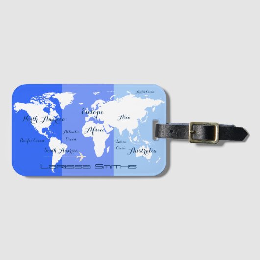 世界地図は青で旅ストライプのする ラゲッジタグ (正面横)