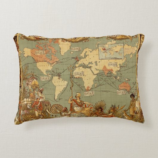 世界地図アンティーク1886 図解入りの、写真付きの アクセントクッション (正面)