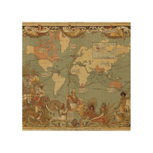 世界地図アンティーク1886 図解入りの、写真付きの ウッドウォールアート
