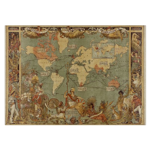 世界地図アンティーク1886 図解入りの、写真付きの カッティングボード (正面)