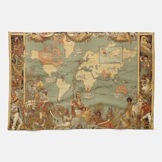 世界地図アンティーク1886 図解入りの、写真付きの キッチンタオル (横)