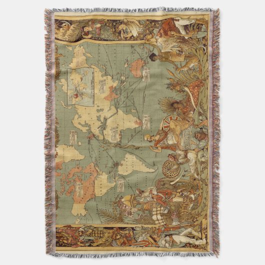 世界地図アンティーク1886 図解入りの、写真付きの スローブランケット (正面縦)