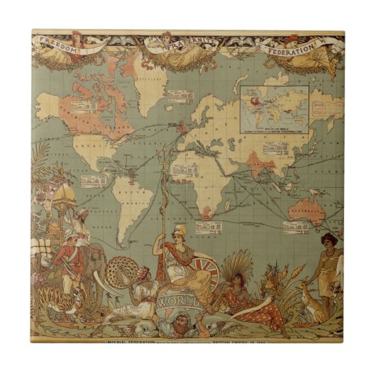 世界地図アンティーク1886 図解入りの、写真付きの タイル (正面)