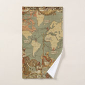 世界地図アンティーク1886 図解入りの、写真付きの バスタオルセット (ハンドタオル)