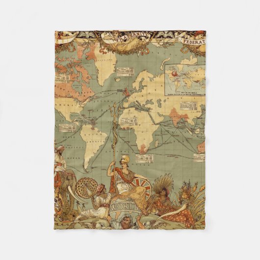 世界地図アンティーク1886 図解入りの、写真付きの フリースブランケット (正面)