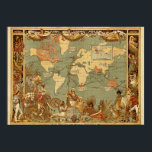 世界地図アンティーク1886 図解入りの、写真付きの ポスター<br><div class="desc">1880年代クラシック世界地図–1886年のイギリスによる世界地図で、当時のイギリス帝国を示している。非常に詳細なイラストレーション。世界地図は柔らかい青と茶色だ。</div>