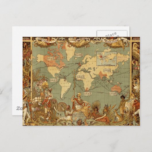 世界地図アンティーク1886 図解入りの、写真付きの ポストカード (正面/裏面)