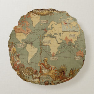 世界地図アンティーク1886 図解入りの、写真付きの ラウンドクッション
